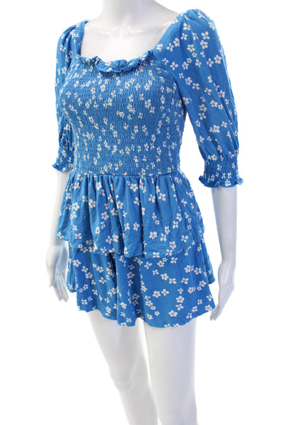 Draper James Womens Floral Square Neck Romper Blue 3/4 Sleeve Size XS