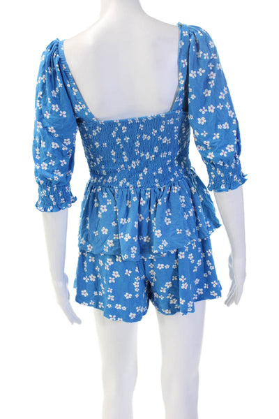Draper James Womens Floral Square Neck Romper Blue 3/4 Sleeve Size XS