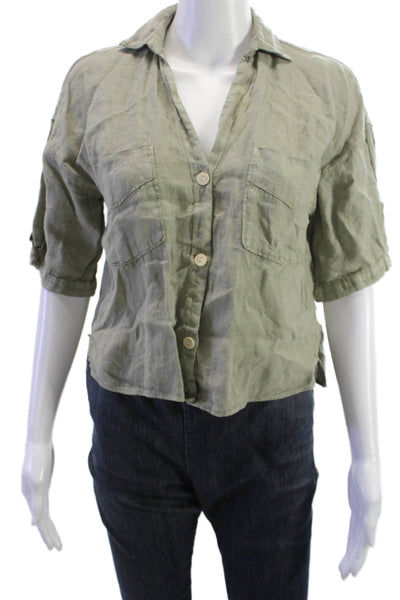 Zara Women Cropped Button-Up Green Collared Cotton Blend 3/4 Sleeve Size XS