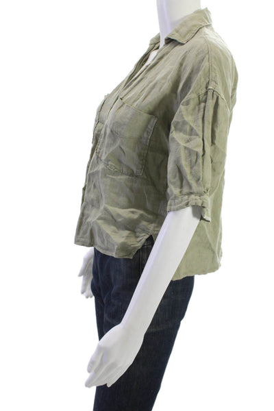 Zara Women Cropped Button-Up Green Collared Cotton Blend 3/4 Sleeve Size XS