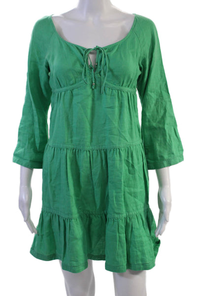 Moda International Womens Kaftan Mini Dress Green Linen 3/4 Sleeve Size S
