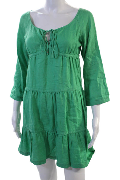 Moda International Womens Kaftan Mini Dress Green Linen 3/4 Sleeve Size S