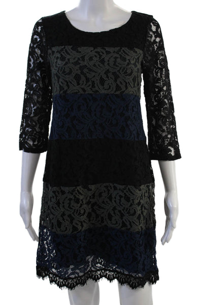 Ella Moss Womens Shift Dress Black 3/4 Sleeve Floral Hook & Eye Size S