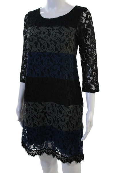 Ella Moss Womens Shift Dress Black 3/4 Sleeve Floral Hook & Eye Size S