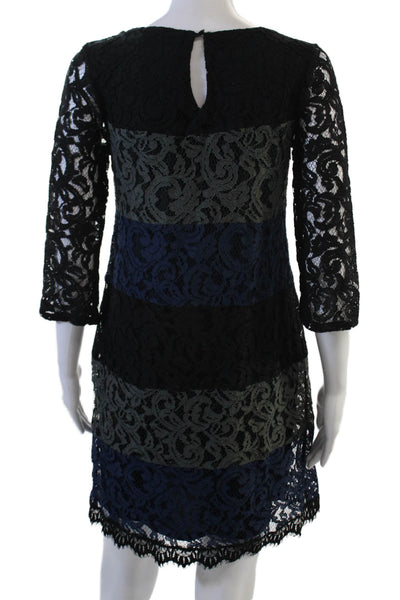 Ella Moss Womens Shift Dress Black 3/4 Sleeve Floral Hook & Eye Size S