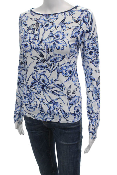 Tommy Bahama Women Blue Floral Long Sleeve Basic T-Shirt Petite Size S