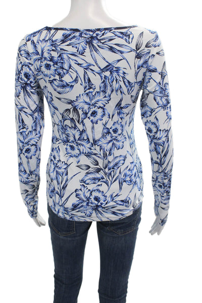 Tommy Bahama Women Blue Floral Long Sleeve Basic T-Shirt Petite Size S