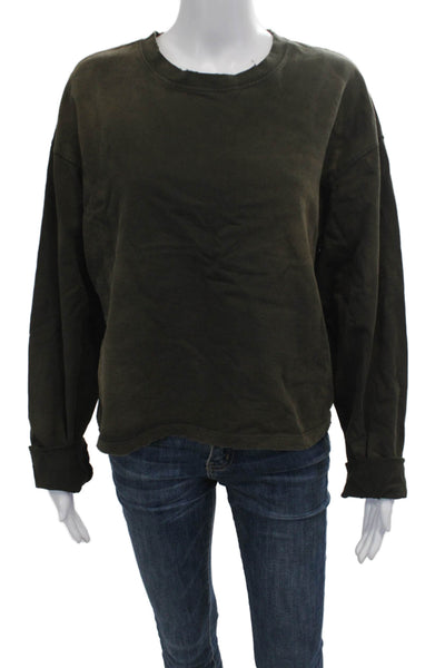 Zara Womens Pullover Sweatshirt Army Green Cotton Crew Neck Long Sleeve Size XS