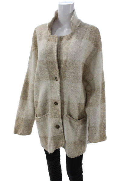 Closed Women Beige Checked Mock Neck Coatigan Long Sleeve Size XS