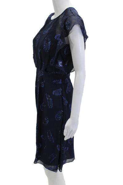 BCBGMAXAZRIA Womens Fit & Flare Paisley Dark Blue Silk Metallic Dress Size 0