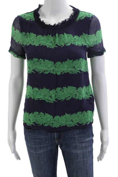 J Crew Women Dark Blue Floral Silk Button Front Short Sleeve Blouse Size 0