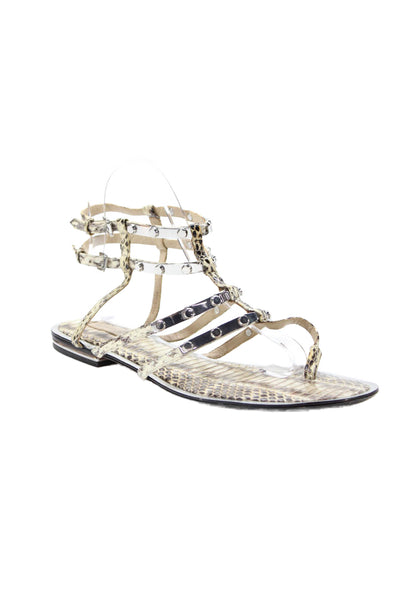 Michael Kors Womens Embossed Studded Flats Strappy Sandals Shoes Brown Size 9.5