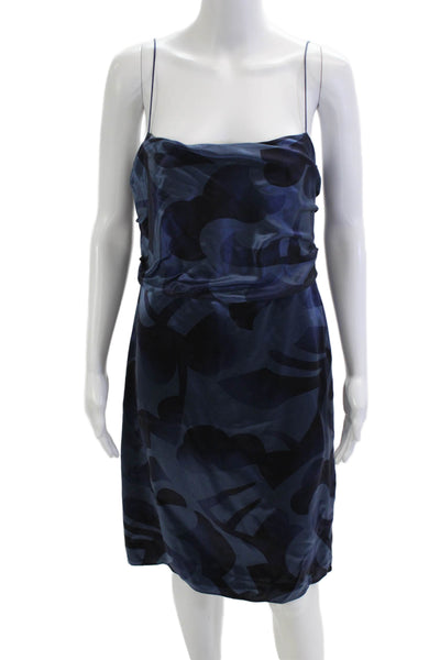 Armani Collezioni Women Dark Blue Silk Geometric Slip Dress Sleeveless Size 46
