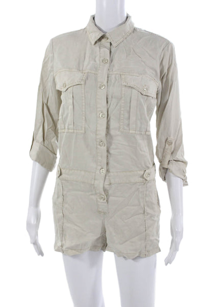 YFB Women Jumpsuit Beige Cotton Collared 3/4 Sleeve Size XS