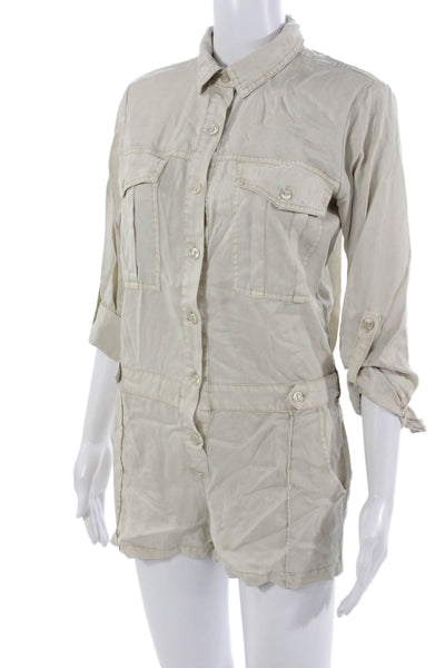 YFB Women Jumpsuit Beige Cotton Collared 3/4 Sleeve Size XS