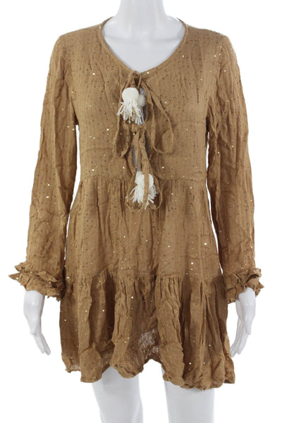 Sundress Women Kaftan Brown Long Sleeve Viscose Round Neck Knee Length Size L