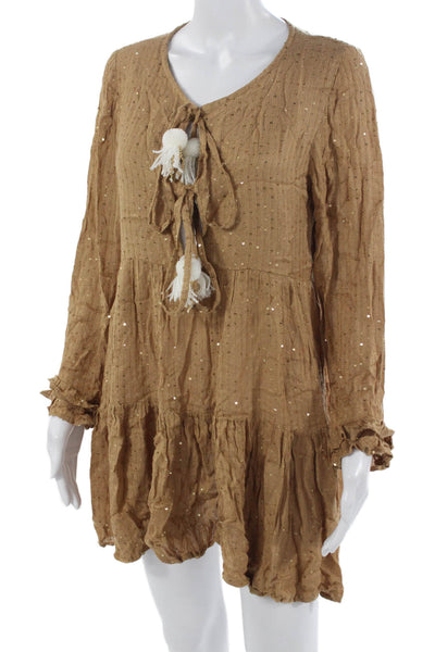 Sundress Women Kaftan Brown Long Sleeve Viscose Round Neck Knee Length Size L