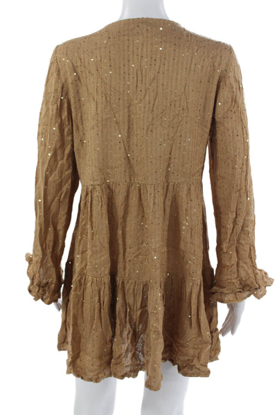 Sundress Women Kaftan Brown Long Sleeve Viscose Round Neck Knee Length Size L