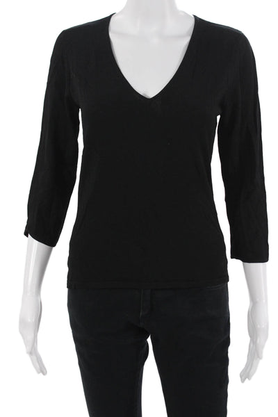 White + Warren Women Basic V-Neck 3/4 Sleeve Black Top Size M
