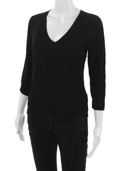 White + Warren Women Basic V-Neck 3/4 Sleeve Black Top Size M