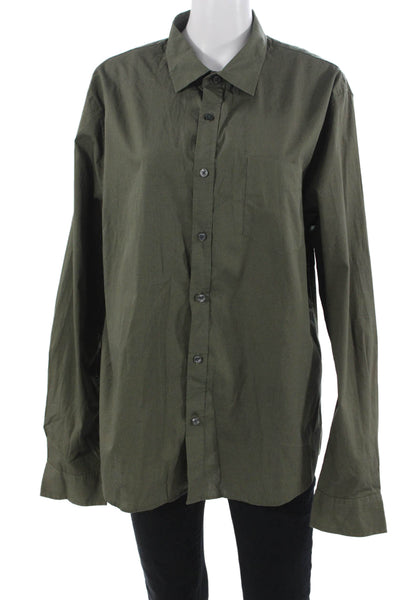Vince Mens Point Collar Button Up Shirt Green Cotton Long Sleeve Size L