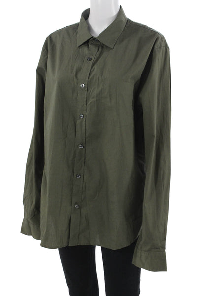 Vince Mens Point Collar Button Up Shirt Green Cotton Long Sleeve Size L