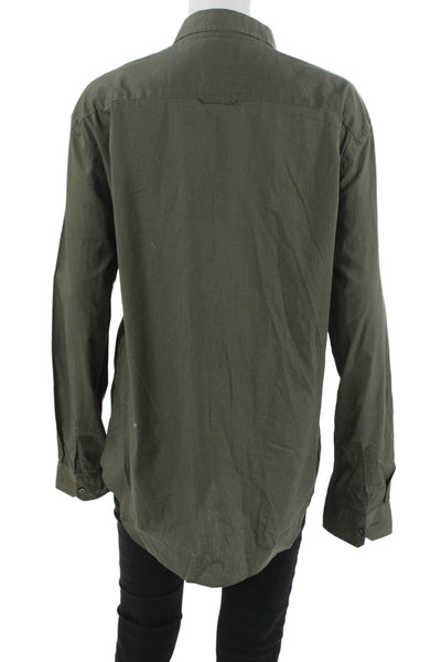 Vince Mens Point Collar Button Up Shirt Green Cotton Long Sleeve Size L
