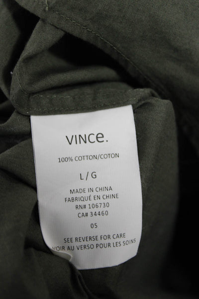 Vince Mens Point Collar Button Up Shirt Green Cotton Long Sleeve Size L