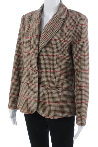Lush Womens Plaid Collared Button Blazer Long Sleeve Brown Polyester Size S