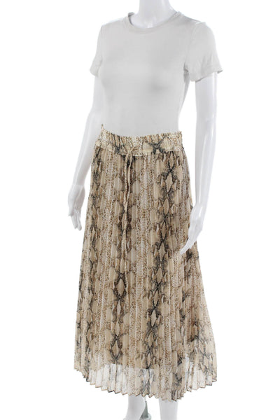 Olivaceous Women Pleated Long Animal Print Skirt Beige Size M