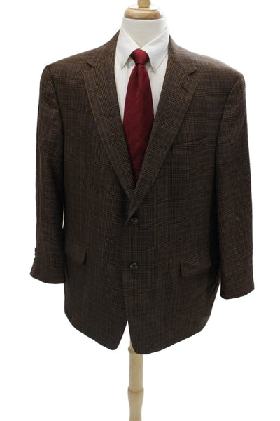 Hart Schaffner Marx Mens Brown Plaid Wool Blend Sport Coat Button Size 42