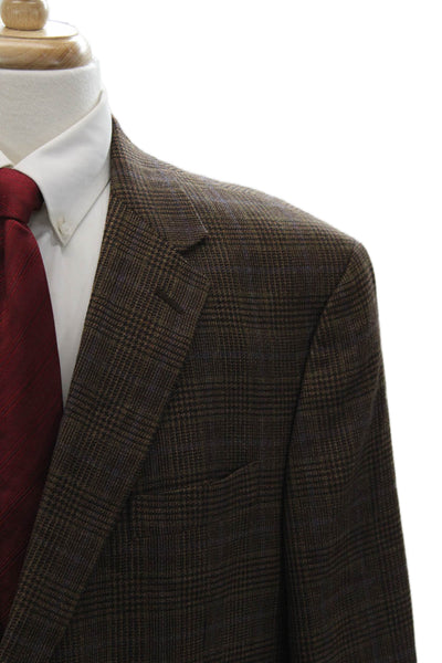 Hart Schaffner Marx Mens Brown Plaid Wool Blend Sport Coat Button Size 42