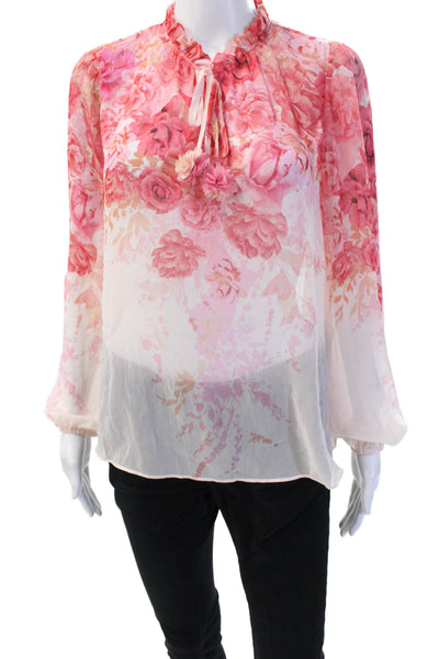 Rachel Zoe Women Pink Floral High Neck Long Sleeve Drawstring Blouse Size S