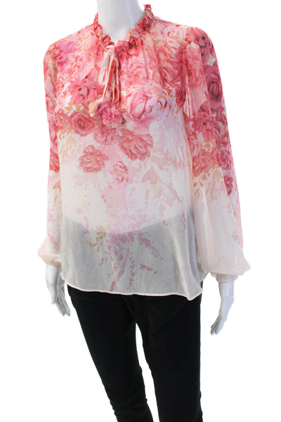 Rachel Zoe Women Pink Floral High Neck Long Sleeve Drawstring Blouse Size S