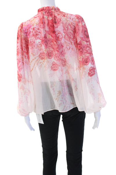 Rachel Zoe Women Pink Floral High Neck Long Sleeve Drawstring Blouse Size S