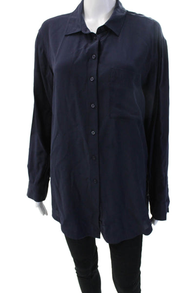 Athleta Women Basic Silk Button Up Collared Long Sleeve Dark Blue Top Size M