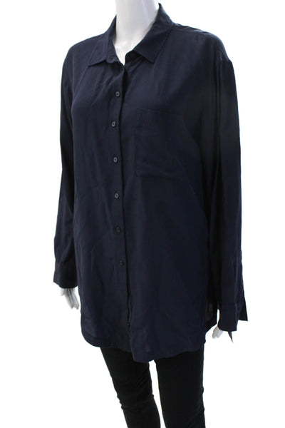 Athleta Women Basic Silk Button Up Collared Long Sleeve Dark Blue Top Size M