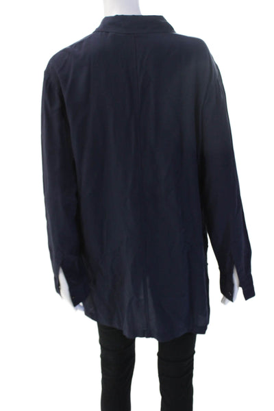 Athleta Women Basic Silk Button Up Collared Long Sleeve Dark Blue Top Size M