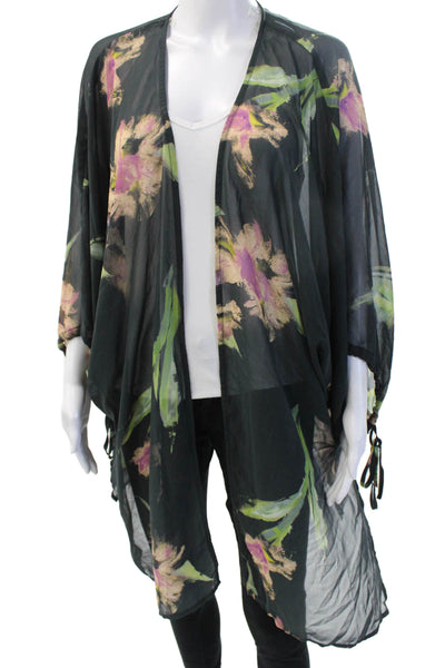 Entro Women Duster Top Black Floral V-Neck 3/4 Sleeve 100% Polyester Size 1