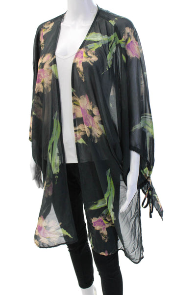 Entro Women Duster Top Black Floral V-Neck 3/4 Sleeve 100% Polyester Size 1
