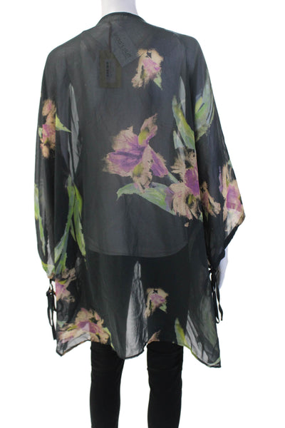 Entro Women Duster Top Black Floral V-Neck 3/4 Sleeve 100% Polyester Size 1