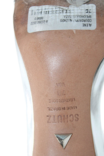 Schutz Women's Open Toe Cone Heels Metallic Silver Buckle Sandals Size 7