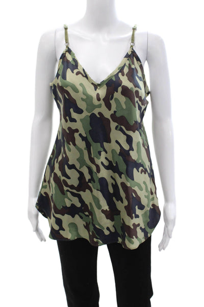 Nili Lotan Womens Camisole Silk Camouflage V-Neck Green Sleeveless Size L