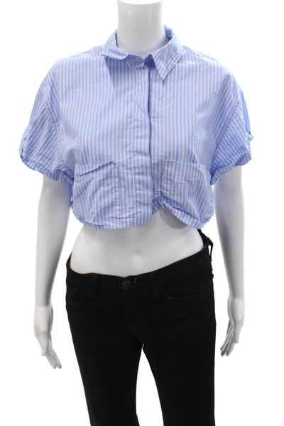 Zara Women Cropped Collared Striped Buttonup Blouse Light Blue Size S