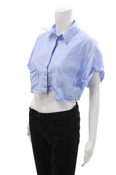 Zara Women Cropped Collared Striped Buttonup Blouse Light Blue Size S
