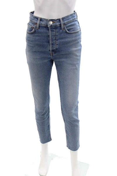 Re/Done Womens High Waist Ankle Cropped Blue Cotton Jeans Button Size 26
