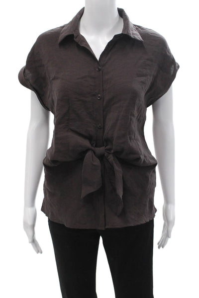 Zara Womens Collared Button Up Short Sleeve Brown Classic Blouse Size XS