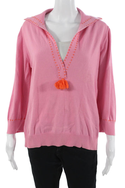 Figue Unisex Bohemian V-Neck Pink Cotton Pullover Sweater 3/4 Sleeve Size S