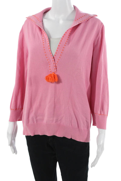 Figue Unisex Bohemian V-Neck Pink Cotton Pullover Sweater 3/4 Sleeve Size S