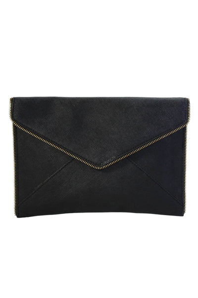 Rebecca Minkoff Womens Leather Snap Closure Envelope Clutch Handbag Black